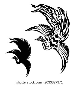 mythical phoenix bird flying with spread wings - fairy tale creature black and white vector outline and silhouette