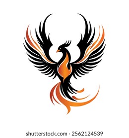 Mythical Phoenix Bird Illustration. Tattoo Style Fire Bird Vector Art. Emblem Design with Black and White Silhouette. Symbol of Rising, Freedom, Strength, and Rebirth.