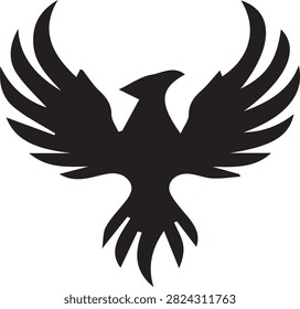 Mythical phoenix bird with outspread wings and tail feathers in silhouette style