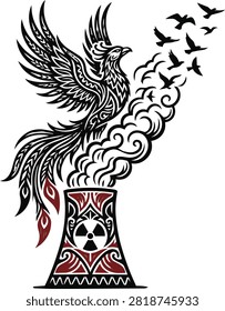 Mythical phoenix bird soaring above nuclear cooling tower chimney vector illustration isolated on white background