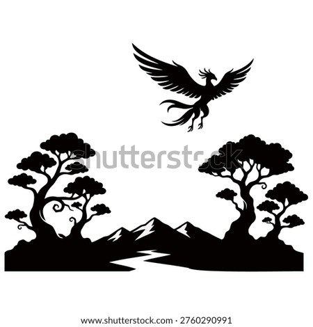Mythical phoenix, soaring bird, mountain landscape, stylized trees, black silhouette art, freedom symbol.