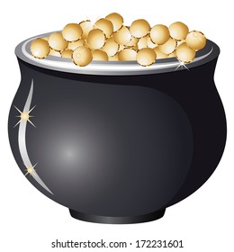 Mythical pot of gold coins on white background.