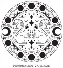Mythical rabbits embracing in celestial artistic mandala