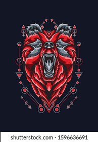 Mythical red bear illustration with geometric pattern