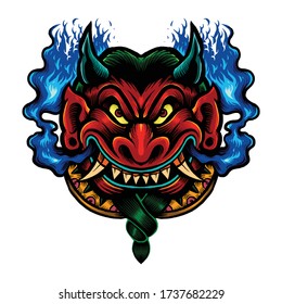 mythical red evil with blue smoke come out from the mouth artwork illustration