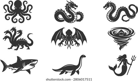Mythical sea creatures and monsters vector collection for aquatic designs