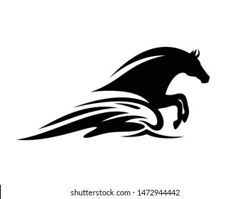 mythical sea horse jumping in ocean wave - black and white aquatic stallion vector silhouette design