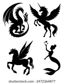 Mythical Silhouette: Dragon, Unicorn, Mermaid, Fantasy Creatures, Flat Vector Illustration