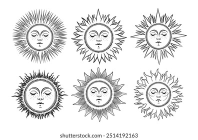 Mythical sun with face, mystical icons set, line illustration, zodiac sign, magic tarot tattoo. Vector.