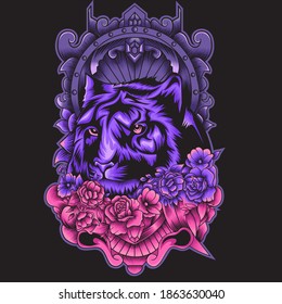 Mythical Tiger with ornament background and neon color