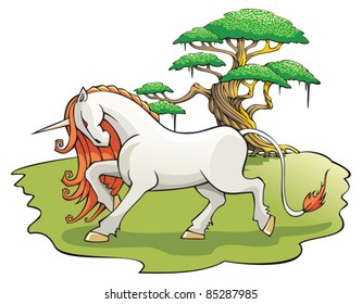 Mythical Unicorn in the enchanted forest, vector illustration