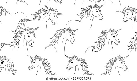 Cabeças míticas de unicórnio com crinas esvoaçantes são ilustradas em um estilo de arte de linha preta e branca para um padrão mágico de fantasia sem costura.