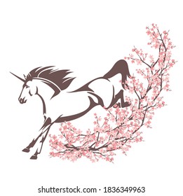 mythical unicorn horse and blooming sakura branches - spring season cherry tree and magical stallion vector decor