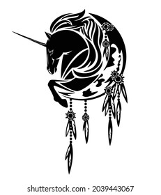 mythical unicorn horse and moon crescent decorated with ethnic feather ornament - dream catcher black and white vector design