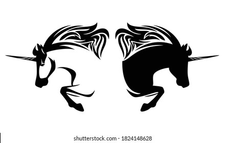 mythical unicorn horse side view outline - horned stallion simple black  and white vector portrait