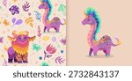  Mythical unicorn seamless pattern with cute fantasy creatures. Colorful design showcasing legendary characters, fairy tale animals, and magical elements perfect for children. Vector handdrawn art
