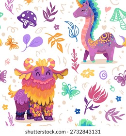  Mythical unicorn seamless pattern with cute fantasy creatures. Colorful design showcasing legendary characters, fairy tale animals, and magical elements perfect for children. Vector handdrawn art
