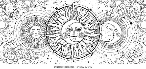 Mythical universe coloring book, solar and lunar eclipse, peace of mind concept, magic astrology banner, tarot background. Crescent and sun with a face on a white background with stars. Vector line