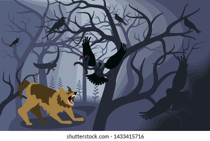 Mythical werewolf fights black ravens in a terrible forest. Concept of horror and Halloween background. Flat Art Vector illustration