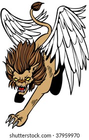 Mythical winged lion creature isolated on a white background.
