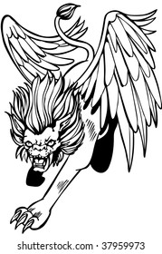 Mythical winged lion creature isolated on a white background.