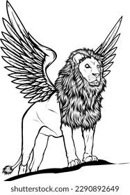 mythical winged lion vector illustration monochrome draw
