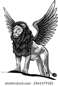 mythical winged lion vector illustration monochrome draw