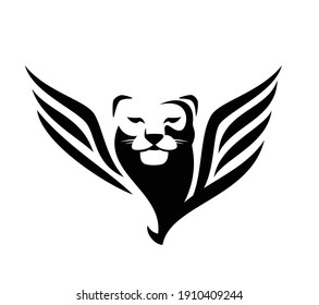 mythical winged lioness or puma black and white vector outline portrait - animal head and bird wings simple monochrome design