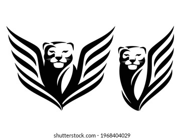 mythical winged lioness or puma black and white vector outline portrait - animal head and bird wings simple monochrome design set