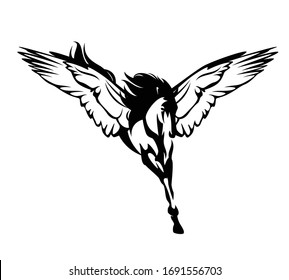 mythical winged pegasus horse flying forward with wide spread wings - fairy tale animal black and white vector outline