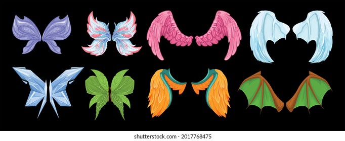 Mythical wings composition with dark composition of isolated images with colorful wings and ripe green leaves vector illustration