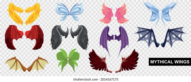 Mythical wings set with transparent background with transparent images with cheerful insta masks and fancy wings vector illustration 