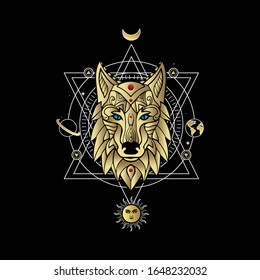 The Mythical Wolf Sacred Geometry with a planet or universe background .eps10