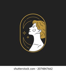 Mythical woman in golden circle frame decorated by half moon and star linear minimalist logo beauty spa wellness vector illustration. Magical spiritual female goddess with perfect skin cosmetic makeup
