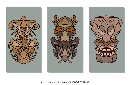 Conjunto de máscaras inspiradas en mitos que muestran Elementos tribales decorativos, Formas simbólicas y formas expresivas adecuadas para el uso creativo moderno.