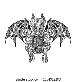 Mythological ancient creatures animals with bat like wings. and horn. Mythical gargoyle with sharp fangs teeth and nails or claws in seating position. Engraved hand drawn sketch. Vector.