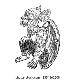 Mythological ancient creatures animals with bat like wings. and horn. Mythical gargoyle with sharp fangs teeth and nails or claws in seating position. Engraved hand drawn sketch. Vector.