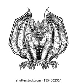 Mythological ancient creatures animals with bat like wings. and horn. Mythical gargoyle with sharp fangs teeth and nails or claws in seating position. Engraved hand drawn sketch. Vector.