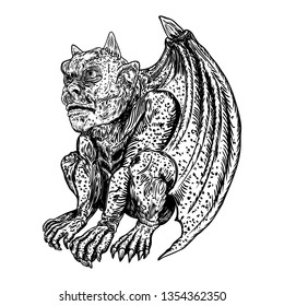 Mythological ancient creatures animals with bat like wings. and horn. Mythical gargoyle with sharp fangs teeth and nails or claws in seating position. Engraved hand drawn sketch. Vector.