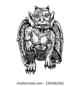 Mythological ancient creatures animals with bat like wings. and horn. Mythical gargoyle with sharp fangs teeth and nails or claws in seating position. Engraved hand drawn sketch. Vector.