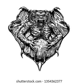 Mythological ancient creatures animals with bat like wings. and horn. Mythical gargoyle with sharp fangs teeth and nails or claws in seating position. Engraved hand drawn sketch. Vector.