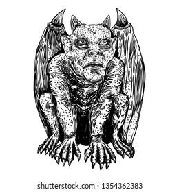 Mythological ancient creatures animals with bat like wings. and horn. Mythical gargoyle with sharp fangs teeth and nails or claws in seating position. Engraved hand drawn sketch. Vector.