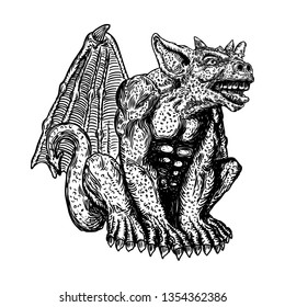 Mythological ancient creatures animals with bat like wings. and horn. Mythical gargoyle with sharp fangs teeth and nails or claws in seating position. Engraved hand drawn sketch. Vector.