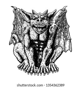 Mythological ancient creatures animals with bat like wings. and horn. Mythical gargoyle with sharp fangs teeth and nails or claws in seating position. Engraved hand drawn sketch. Vector.