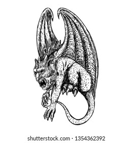 Mythological ancient creatures animals with bat like wings. and horn. Mythical gargoyle with sharp fangs teeth and nails or claws in seating position. Engraved hand drawn sketch. Vector.