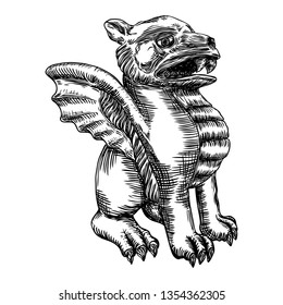 Mythological ancient gargoyle creatures human and dragon like chimera with bat wings. Mythical gargouille with sharp fangs and claws in seating position. Engraved hand drawn sketch. Vector.