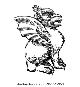 Mythological ancient gargoyle creatures human and dragon like chimera with bat wings. Mythical gargouille with sharp fangs and claws in seating position. Engraved hand drawn sketch. Vector.