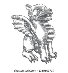 Mythological ancient gargoyle creatures human and dragon like chimera with bat wings. Mythical gargouille with sharp fangs and claws in seating position. Engraved hand drawn sketch. Vector.