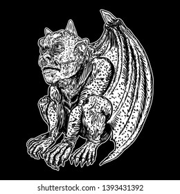 Mythological ancient gargoyle creatures human and dragon like chimera with bat wings and horns. Mythical gargouille with sharp fangs and claws in seating position. Engraved hand drawn sketch. Vector.