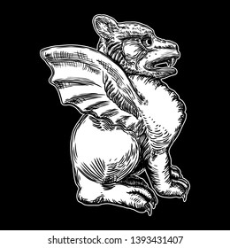Mythological ancient gargoyle creatures human and dragon like chimera with bat wings. Mythical gargouille with sharp fangs and claws in seating position. Engraved hand drawn sketch. Vector.